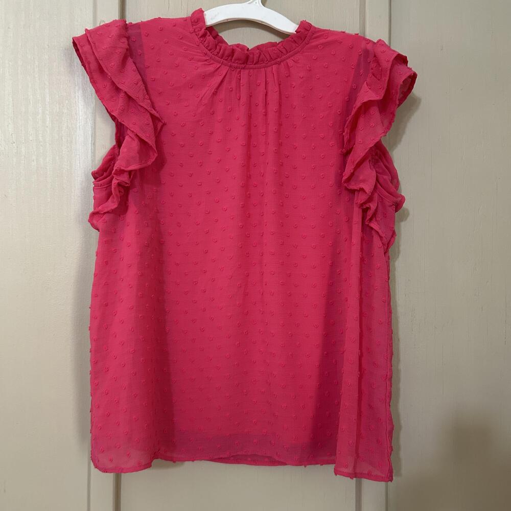 Spense Blouse Womens XL Pink Swiss Dot Ruffle Flutter Sleeve Round Neck Top